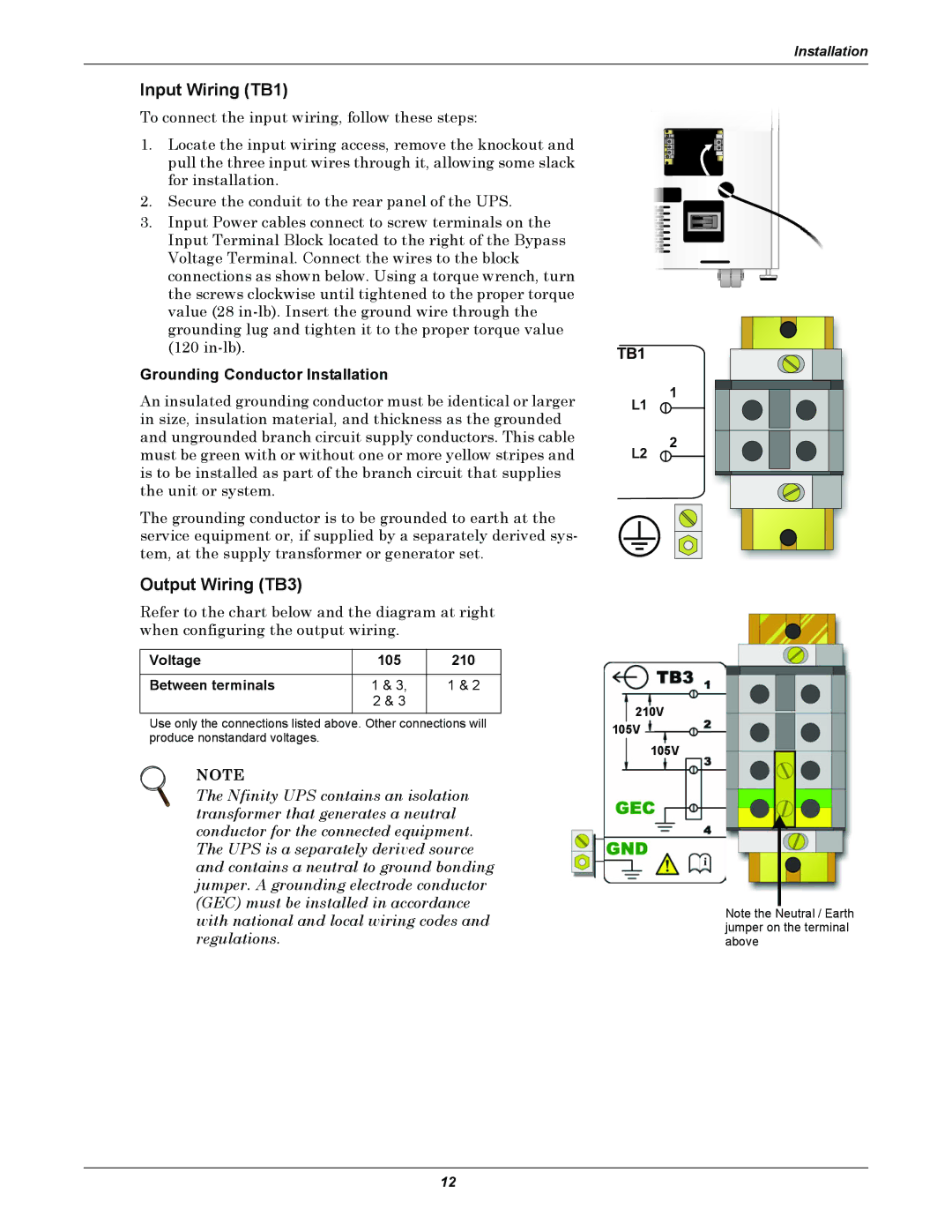 Liebert NfinityTM manual Input Wiring TB1, Output Wiring TB3, Grounding Conductor Installation 