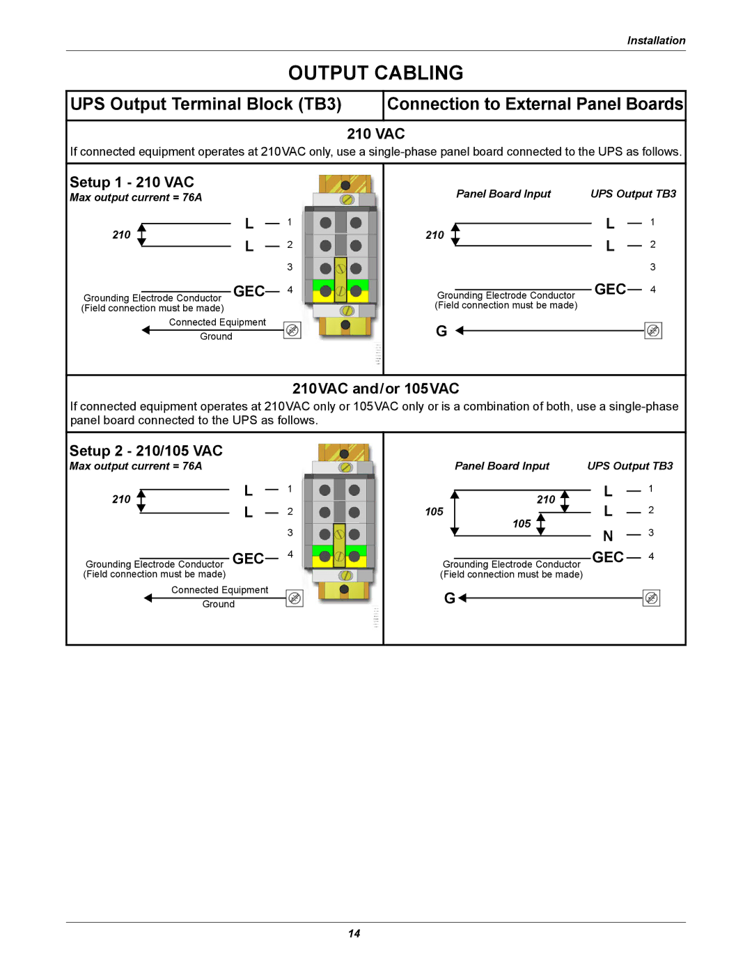 Liebert NfinityTM manual Setup 1 210 VAC, 210VAC and/or 105VAC, Setup 2 210/105 VAC 