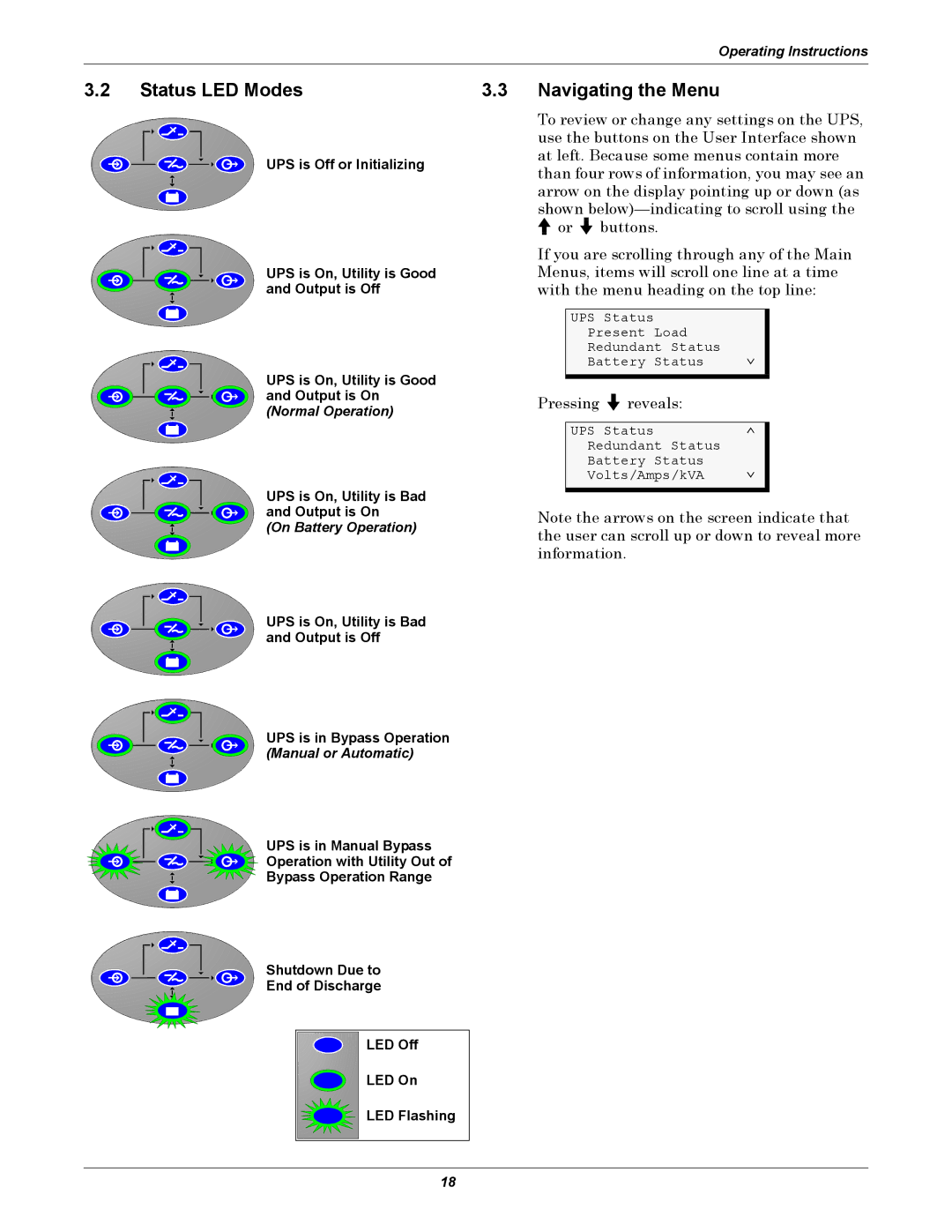 Liebert NfinityTM manual Status LED Modes, Navigating the Menu 