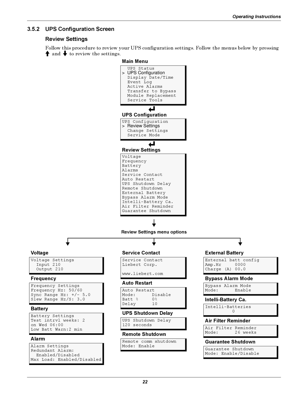 Liebert NfinityTM manual UPS Configuration Screen Review Settings 