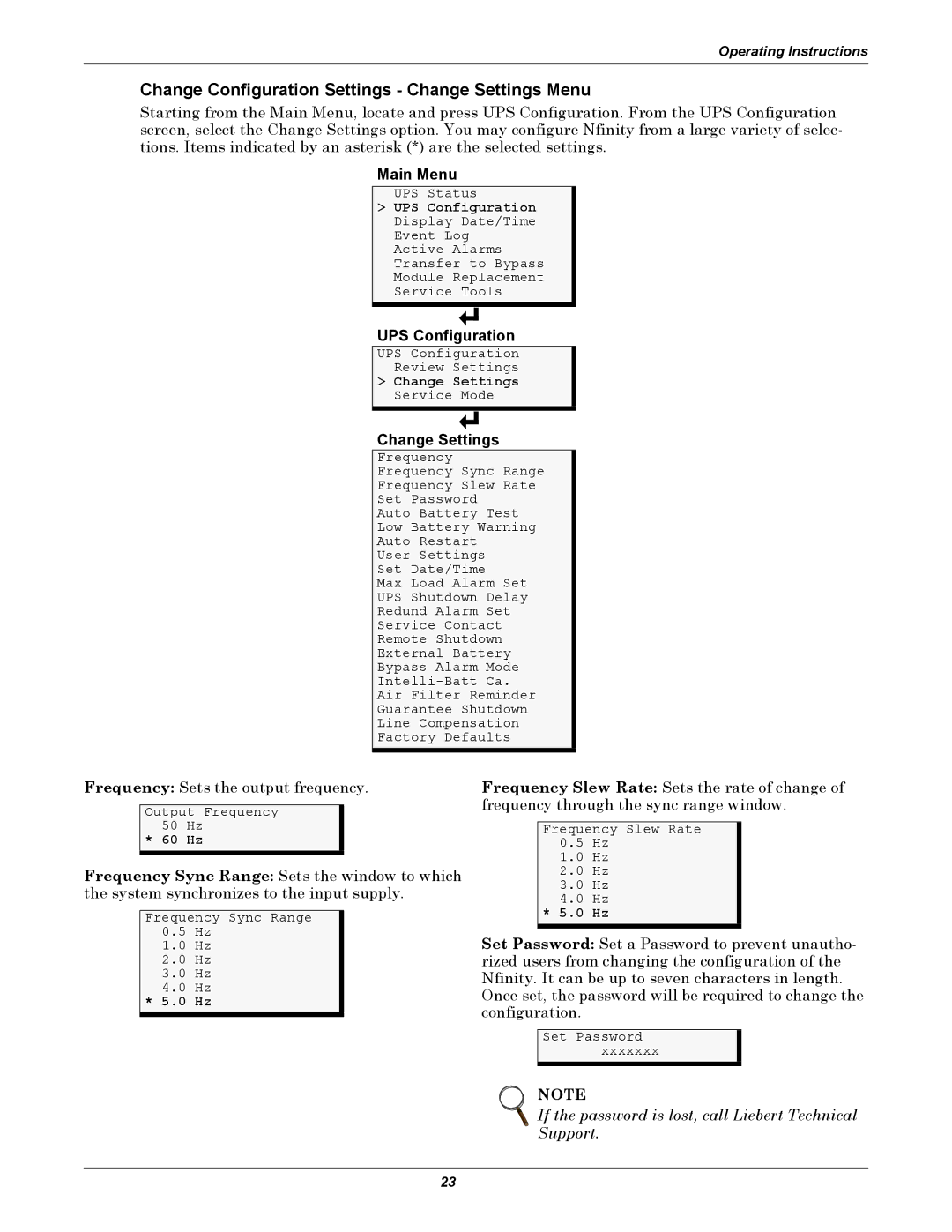 Liebert NfinityTM manual Change Configuration Settings Change Settings Menu 