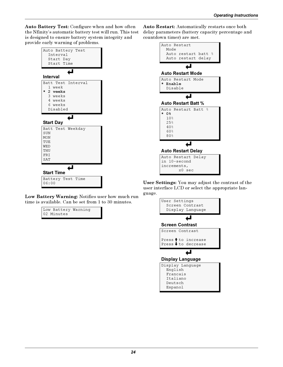 Liebert NfinityTM manual Interval, Start Day, Start Time, Auto Restart Mode, Auto Restart Batt %, Auto Restart Delay 