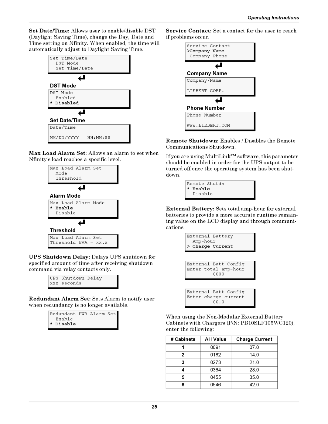 Liebert NfinityTM manual DST Mode, Set Date/Time, Alarm Mode, Threshold, Company Name, Phone Number 