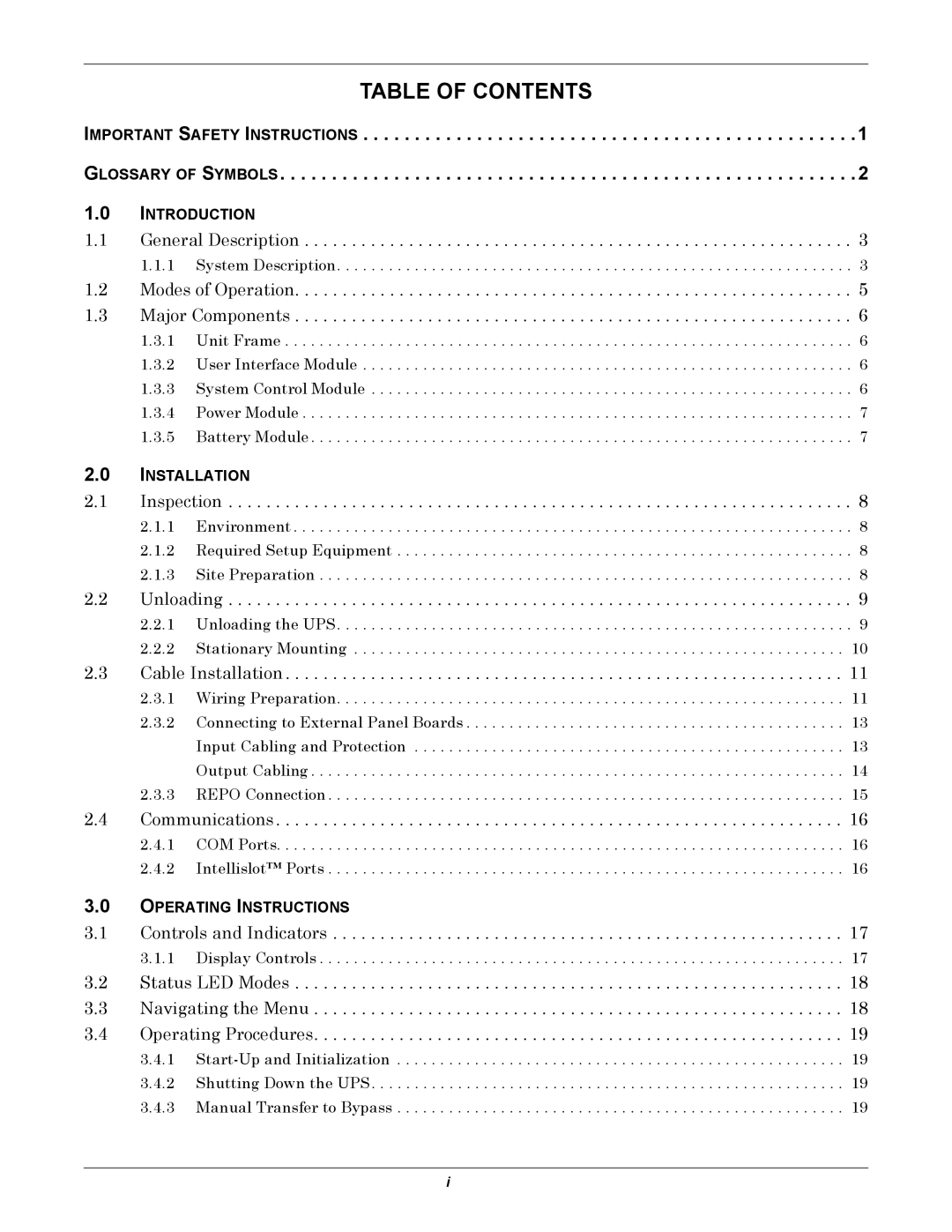 Liebert NfinityTM manual Table of Contents 