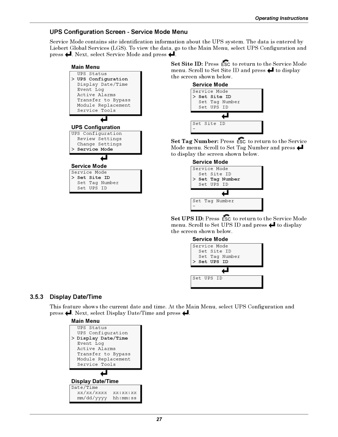Liebert NfinityTM manual UPS Configuration Screen Service Mode Menu, Display Date/Time 