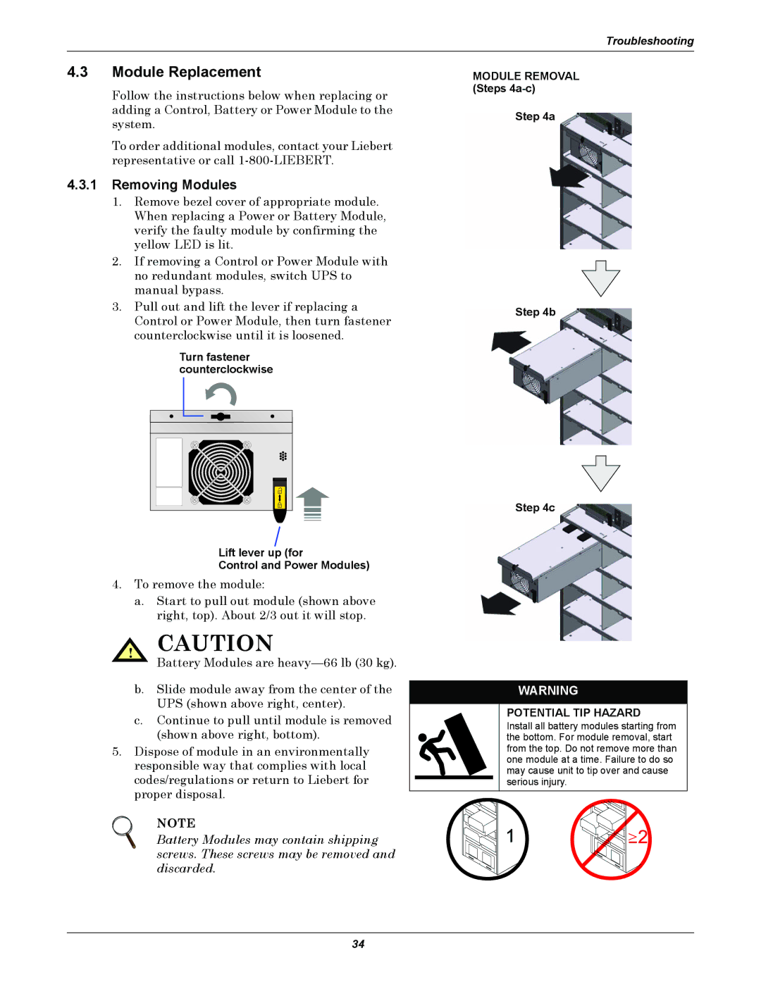 Liebert NfinityTM manual Module Replacement, Removing Modules 