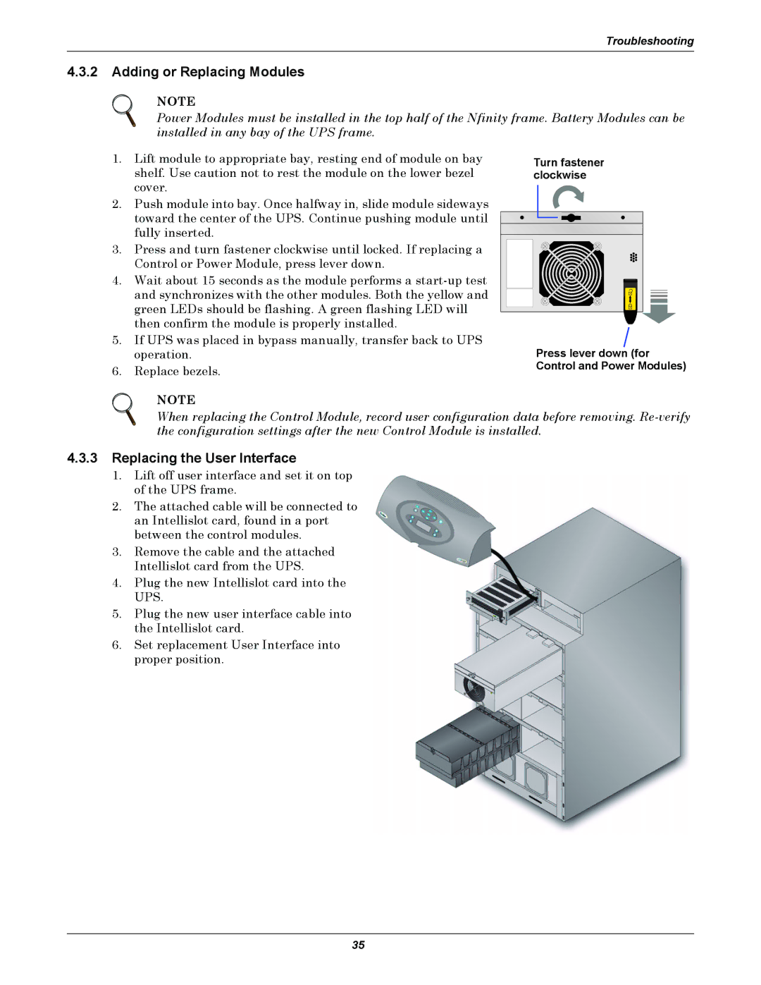 Liebert NfinityTM manual Adding or Replacing Modules, Replacing the User Interface 