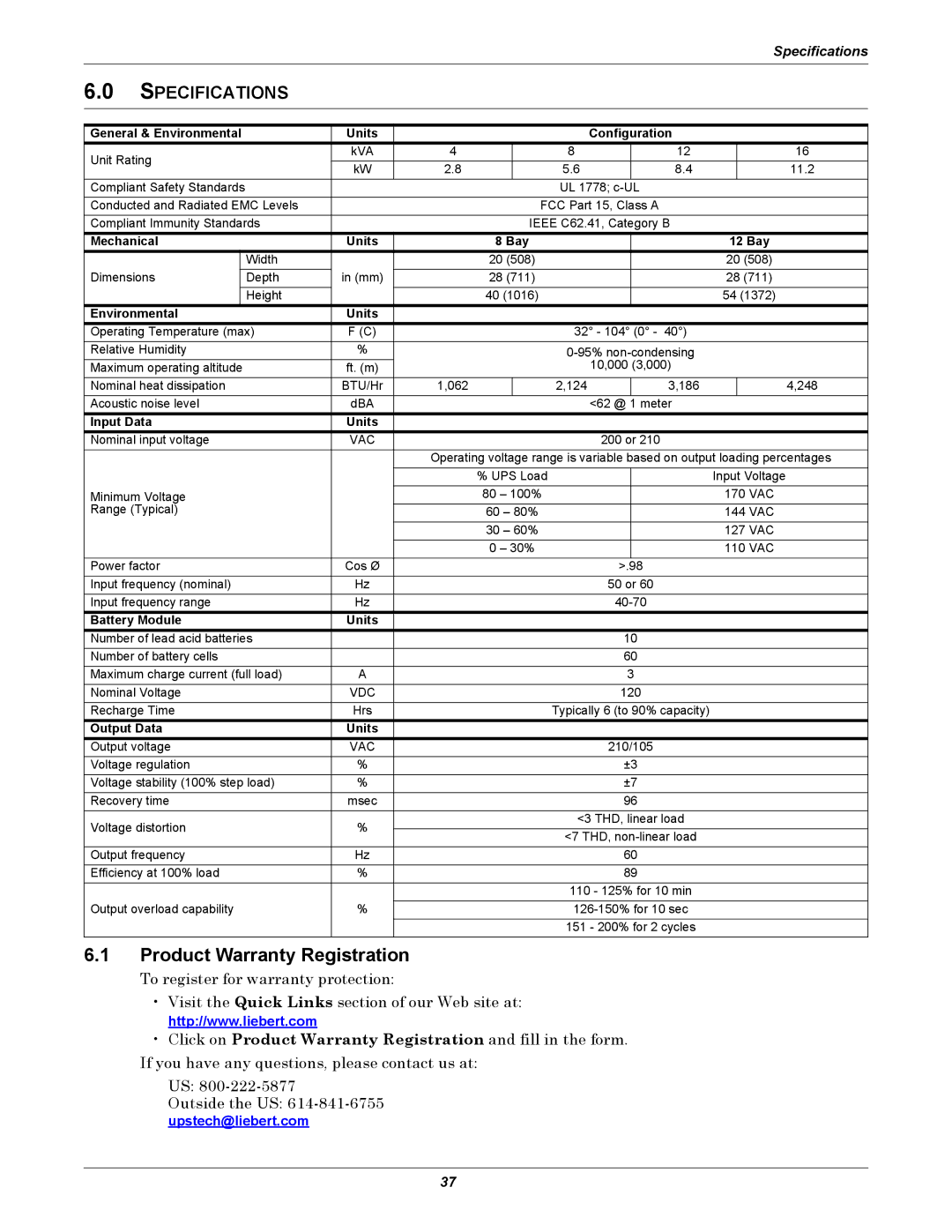 Liebert NfinityTM manual Product Warranty Registration, Specifications 