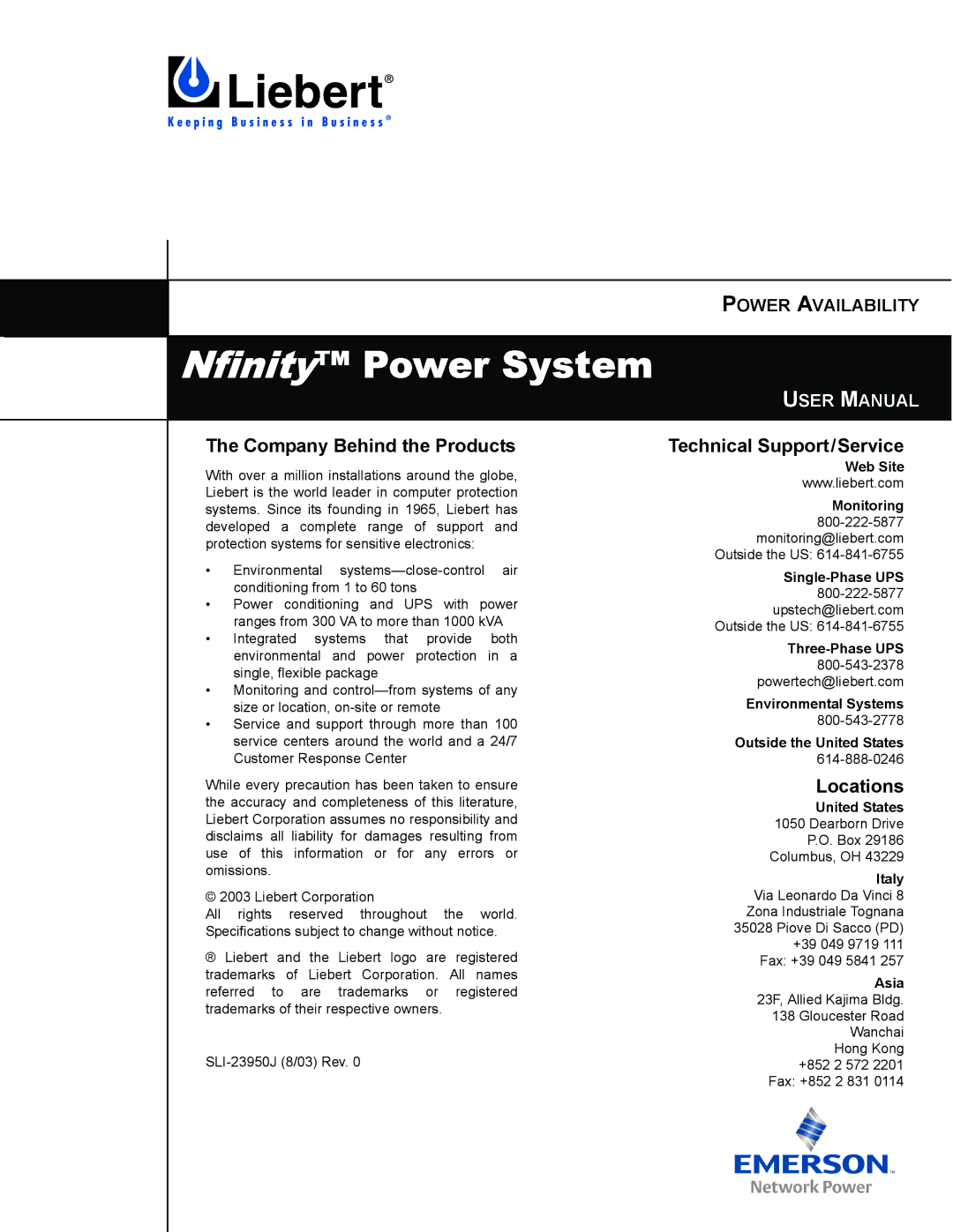 Liebert NfinityTM manual Company Behind the Products, Technical Support/Service, Locations 