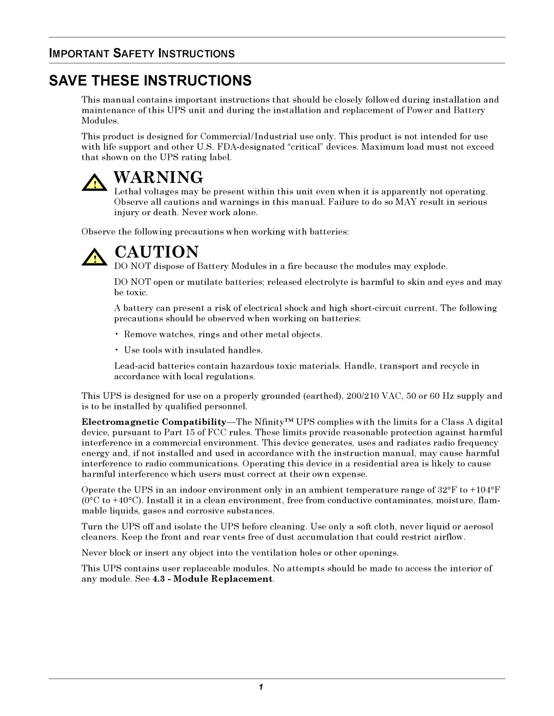 Liebert NfinityTM manual Important Safety Instructions 