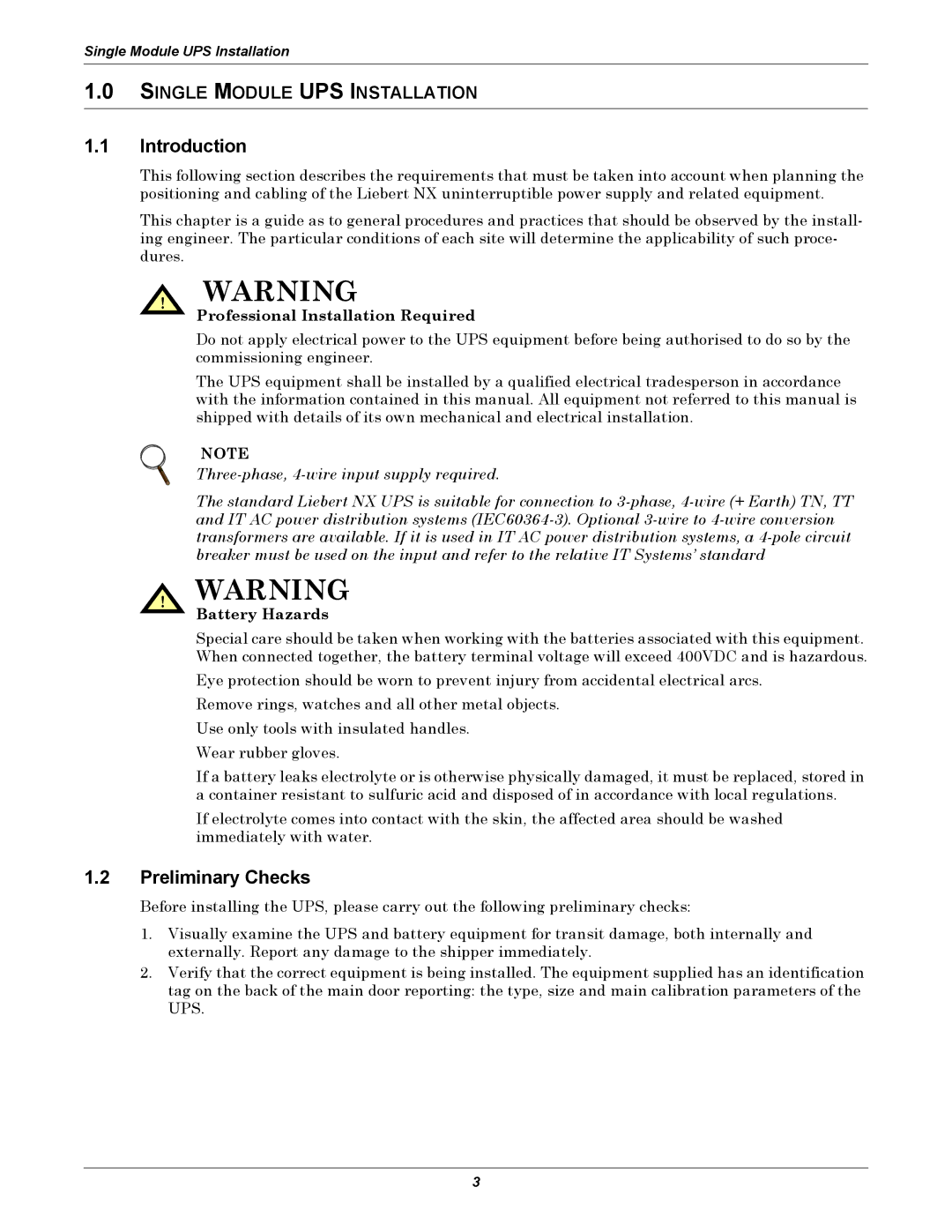 Liebert NX UPS System user manual Introduction, Preliminary Checks 