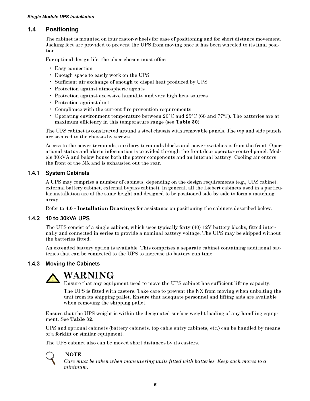 Liebert NX UPS System user manual Positioning, System Cabinets, 2 10 to 30kVA UPS, Moving the Cabinets 