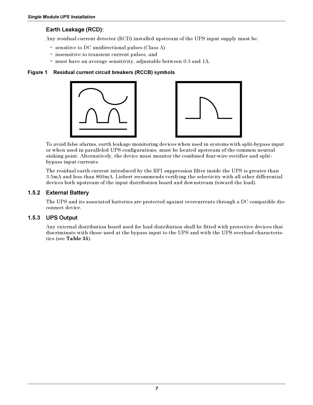 Liebert NX UPS System user manual Earth Leakage RCD, External Battery, UPS Output 