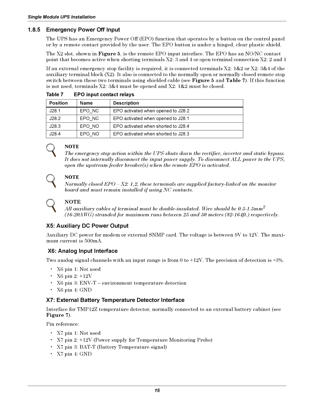 Liebert NX UPS System user manual Emergency Power Off Input, X5 Auxiliary DC Power Output, X6 Analog Input Interface 