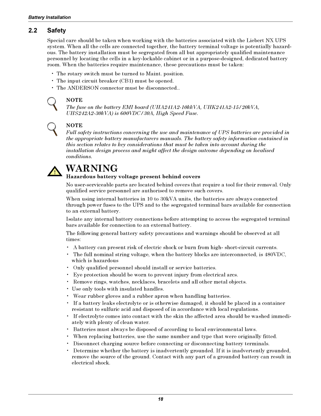 Liebert NX UPS System user manual Safety, Hazardous battery voltage present behind covers 