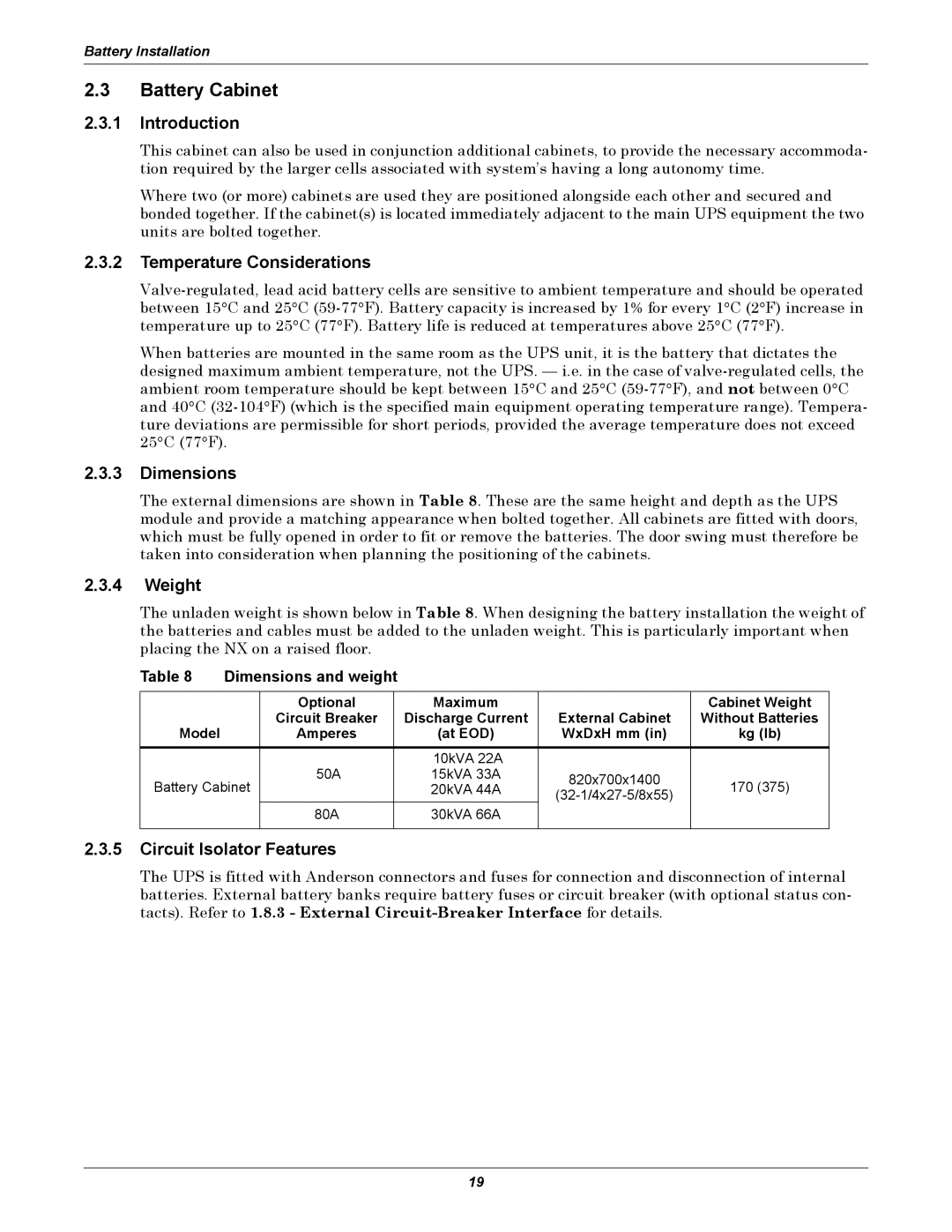 Liebert NX UPS System user manual Battery Cabinet 