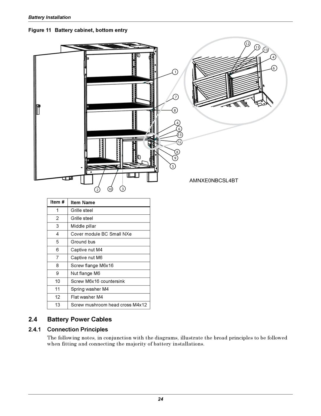 Liebert NX UPS System user manual Battery Power Cables, Connection Principles, Item # Item Name 