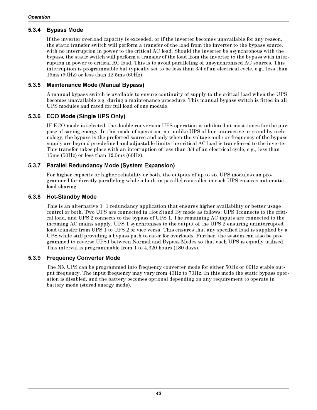 Liebert NX UPS System user manual Bypass Mode, Maintenance Mode Manual Bypass, ECO Mode Single UPS Only, Hot-Standby Mode 