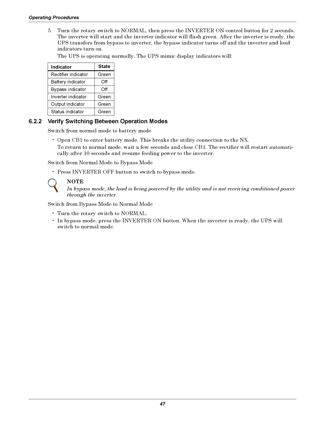 Liebert NX UPS System user manual Verify Switching Between Operation Modes 