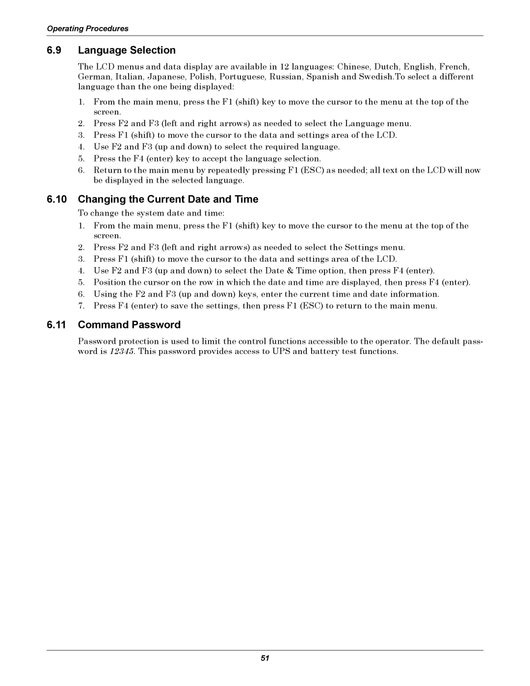 Liebert NX UPS System user manual Language Selection, Changing the Current Date and Time, Command Password 