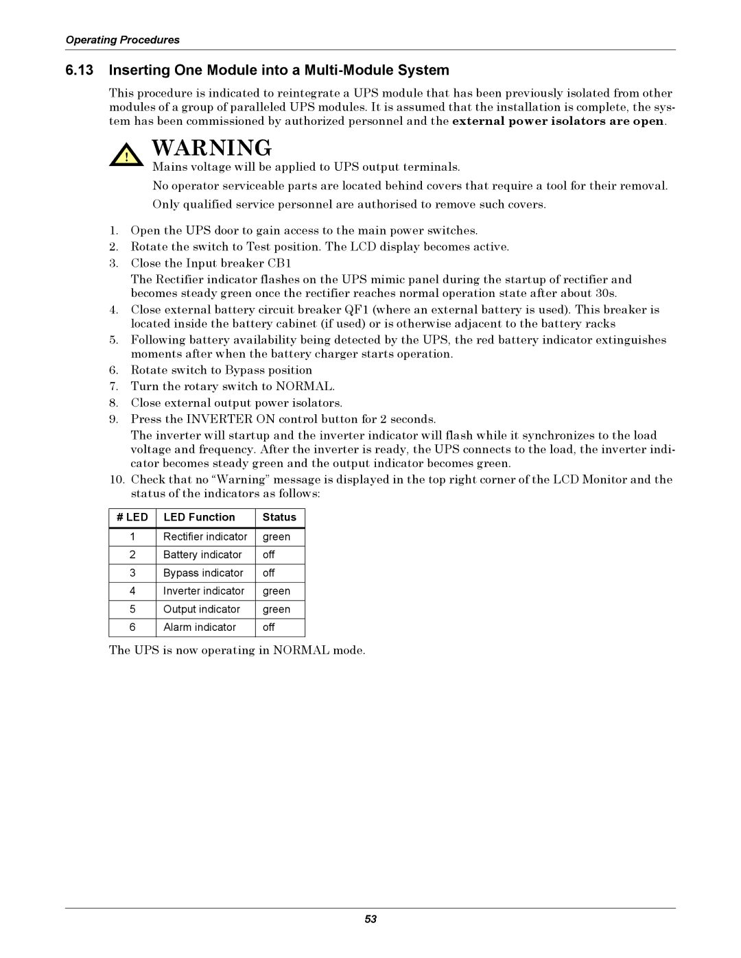 Liebert NX UPS System user manual Inserting One Module into a Multi-Module System, LED Function Status 