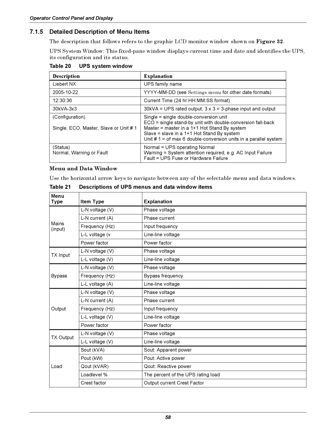 Liebert NX UPS System user manual Detailed Description of Menu Items, UPS system window, Menu Type Item Type Explanation 