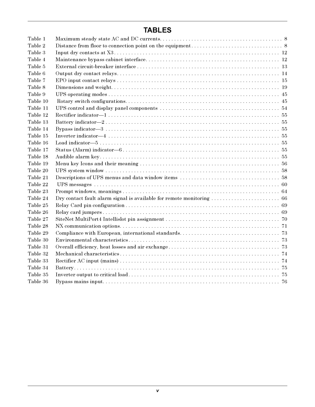 Liebert NX UPS System user manual Tables 