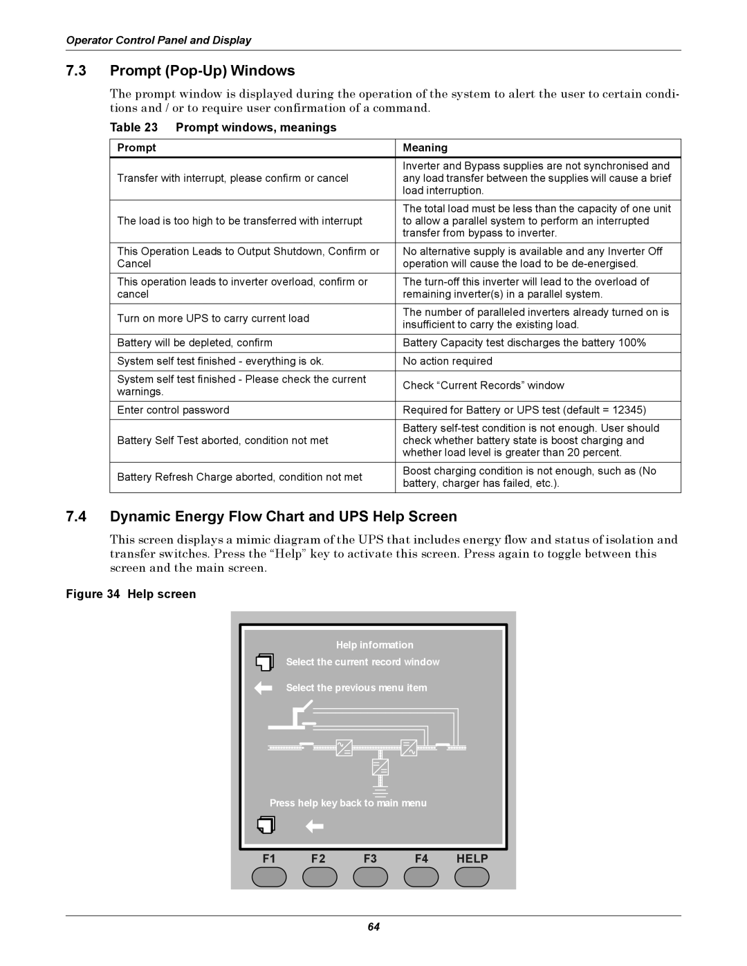 Liebert NX UPS System Prompt Pop-Up Windows, Dynamic Energy Flow Chart and UPS Help Screen, Prompt windows, meanings 