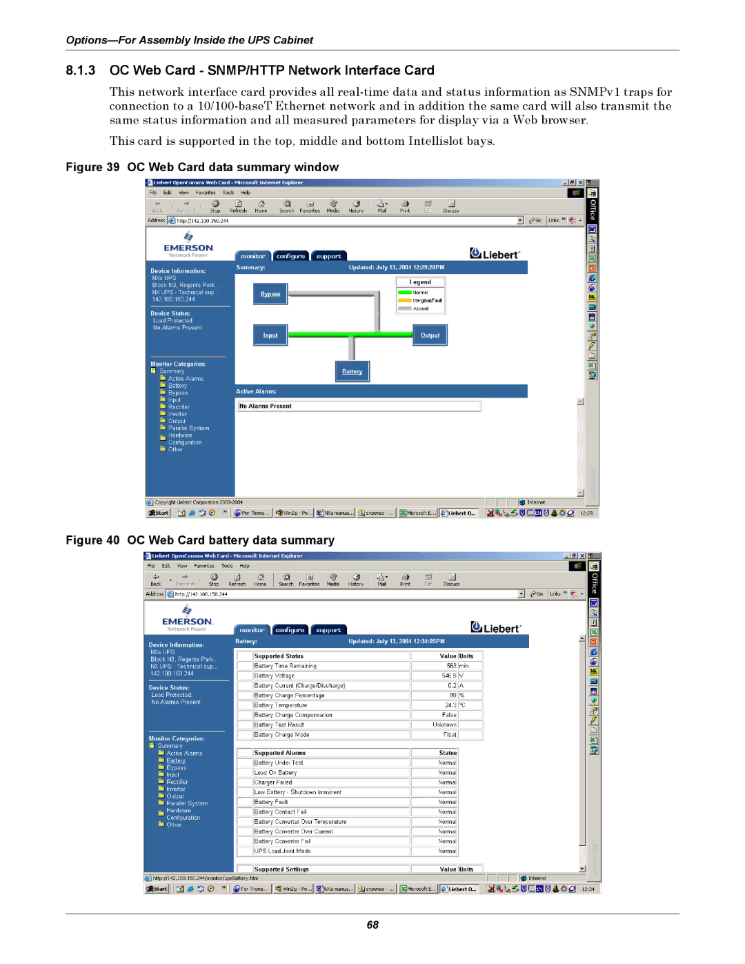 Liebert NX UPS System user manual OC Web Card SNMP/HTTP Network Interface Card, OC Web Card data summary window 