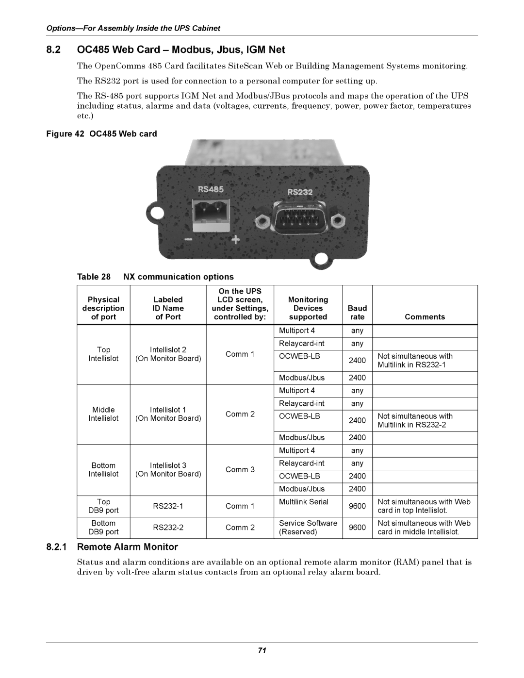 Liebert NX UPS System user manual OC485 Web Card Modbus, Jbus, IGM Net, Remote Alarm Monitor 