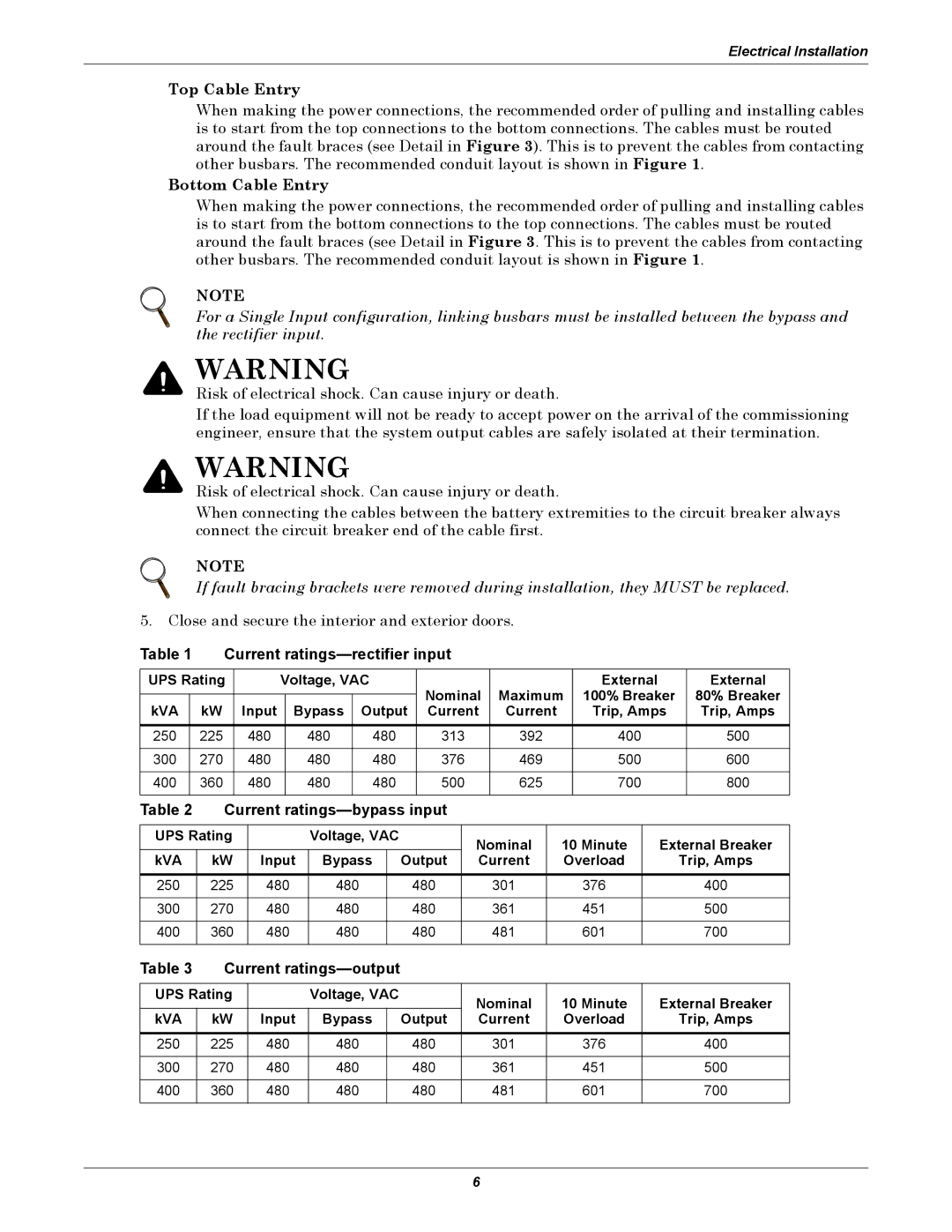 Liebert NXL installation manual Current ratings-rectifier input, Current ratings-bypass input, Current ratings-output 