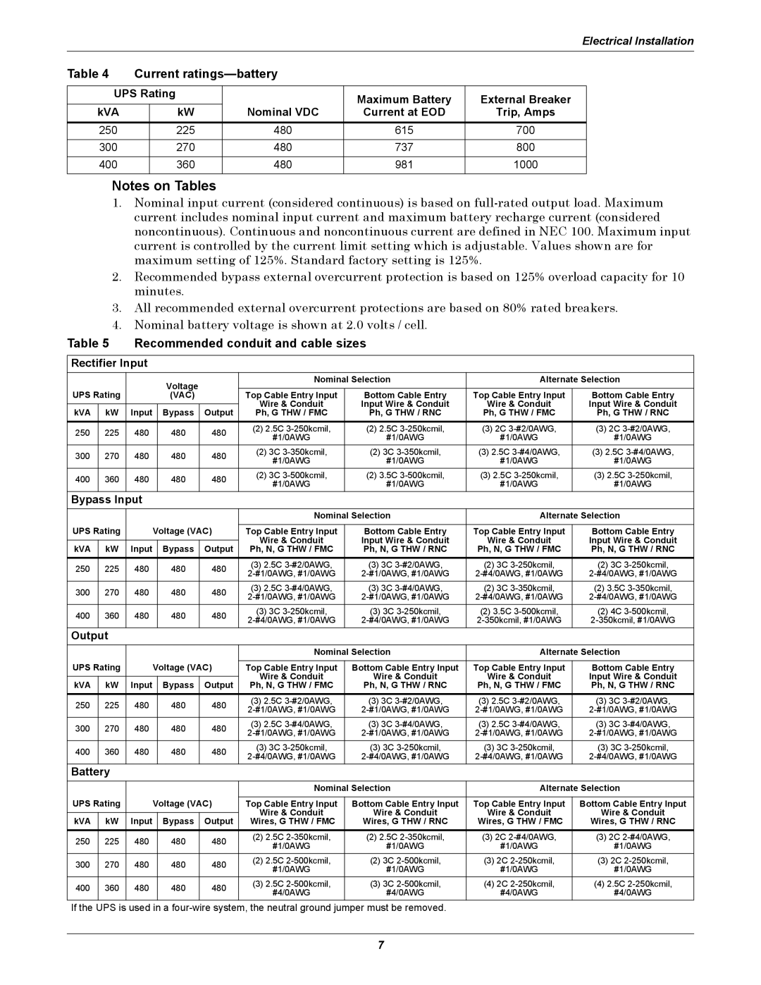 Liebert NXL installation manual Current ratings-battery, Recommended conduit and cable sizes 