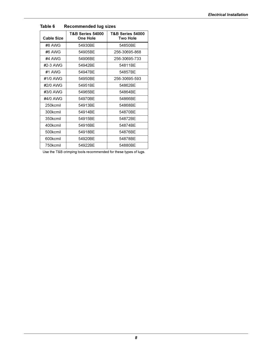 Liebert NXL installation manual Recommended lug sizes, Series Cable Size One Hole Two Hole 