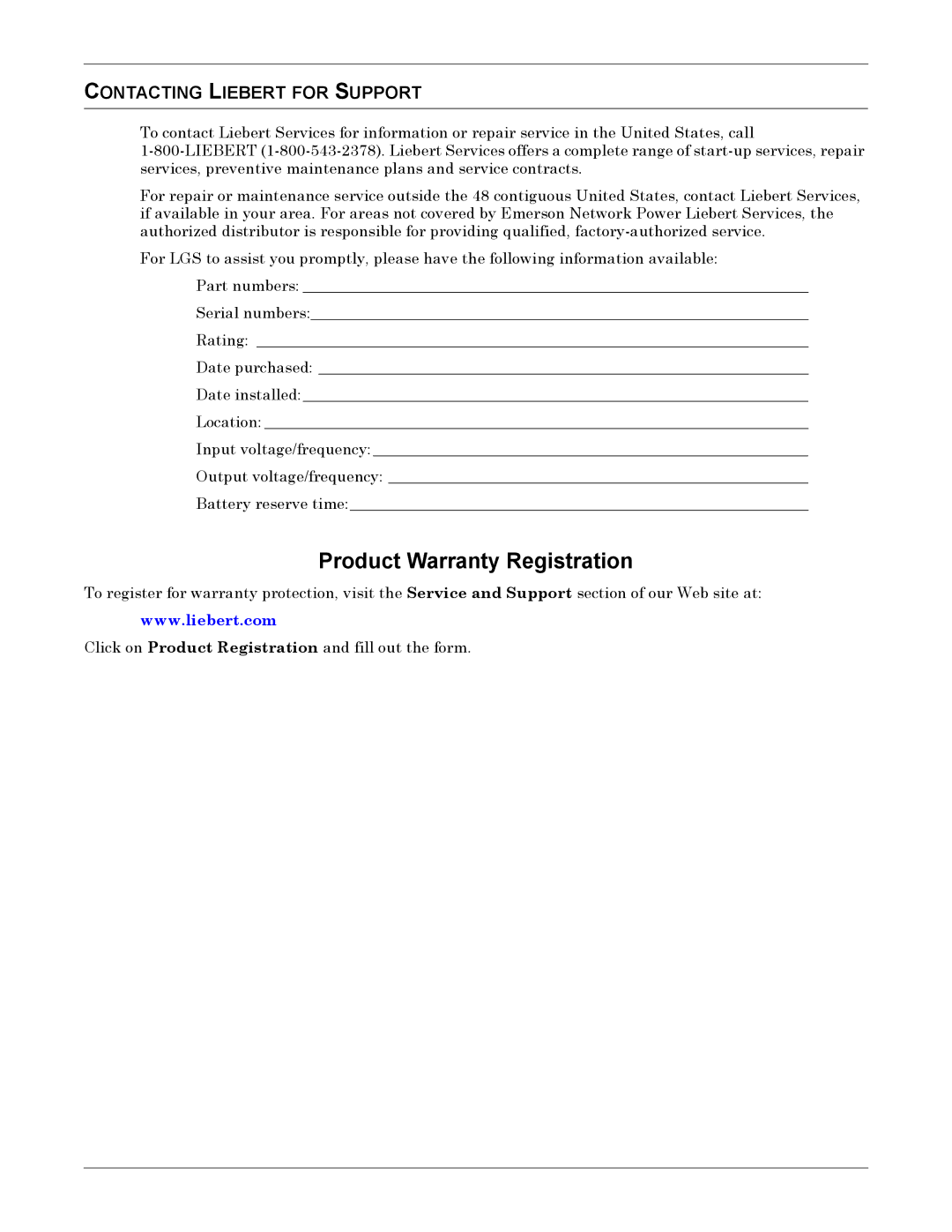 Liebert NXL installation manual Product Warranty Registration, Contacting Liebert for Support 