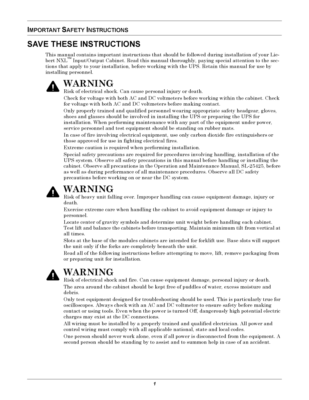 Liebert NXL installation manual Important Safety Instructions 