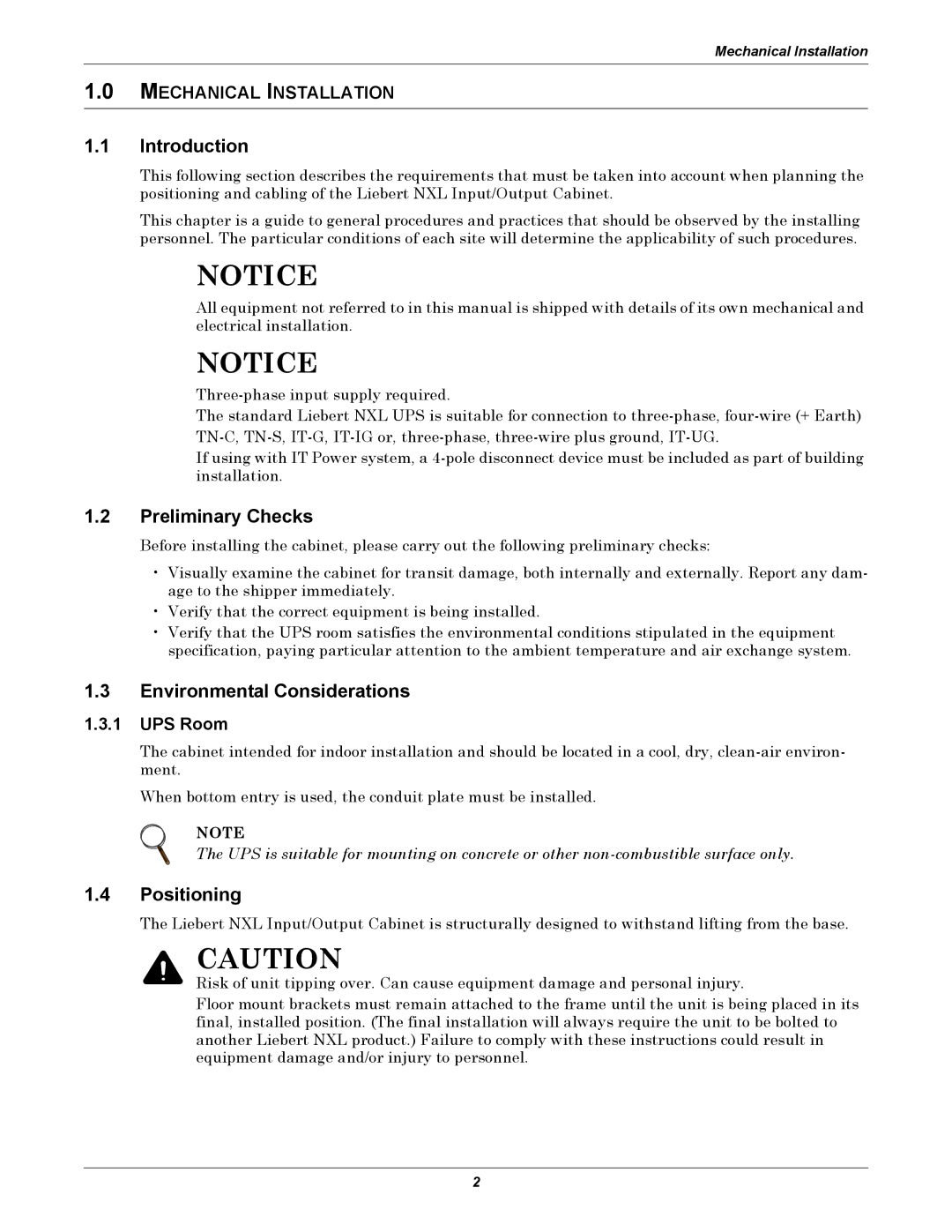 Liebert NXL installation manual Mechanical Installation, UPS Room 