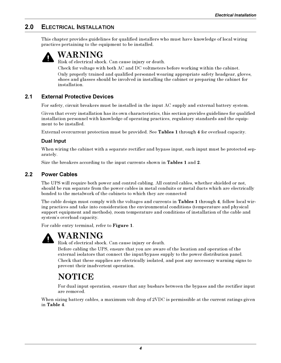 Liebert NXL installation manual Electrical Installation, Dual Input 