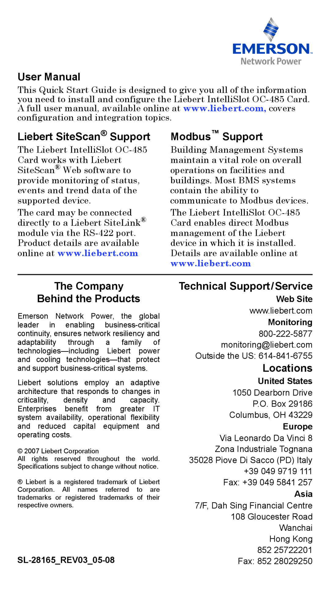 Liebert OC-485 Liebert SiteScan Support Modbus Support, Company Behind the Products, Technical Support/Service, Locations 