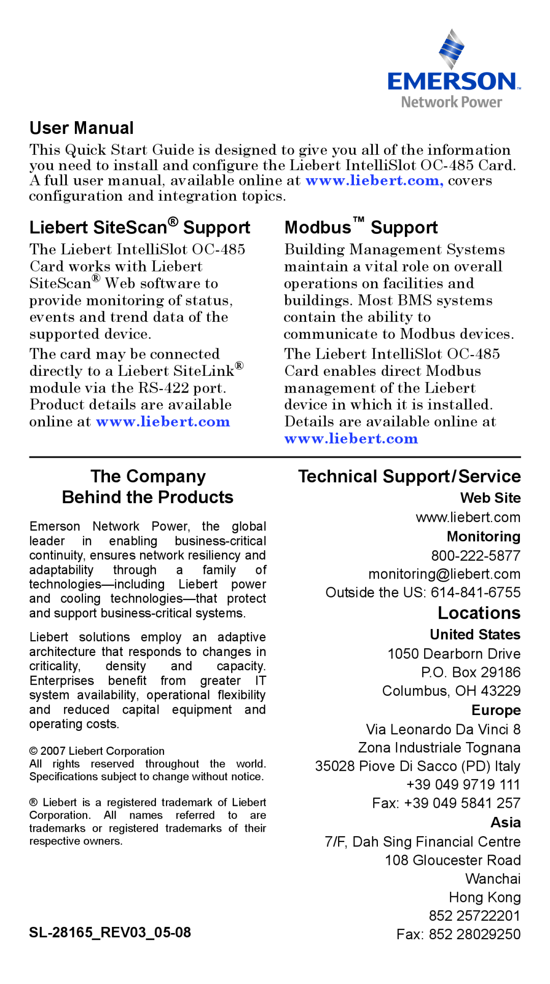 Liebert OC-485 User Manual, Liebert SiteScan Support, Modbus Support, The Company Behind the Products, Locations 