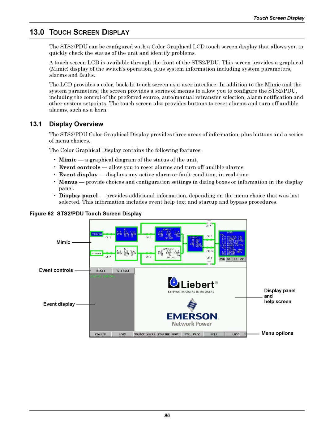 Liebert PDUTM, STS2 manual Display Overview, Touch Screen Display 