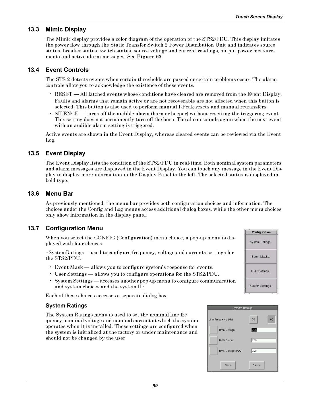 Liebert STS2, PDUTM manual Mimic Display, Event Controls, Event Display, Menu Bar, Configuration Menu 