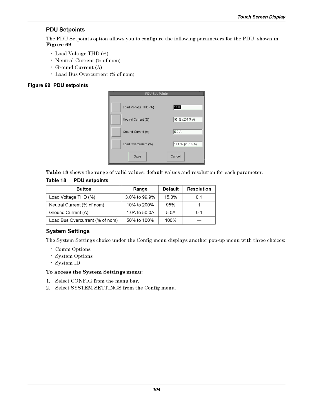 Liebert PDUTM, STS2 manual PDU Setpoints, To access the System Settings menu, Button Range Default Resolution 