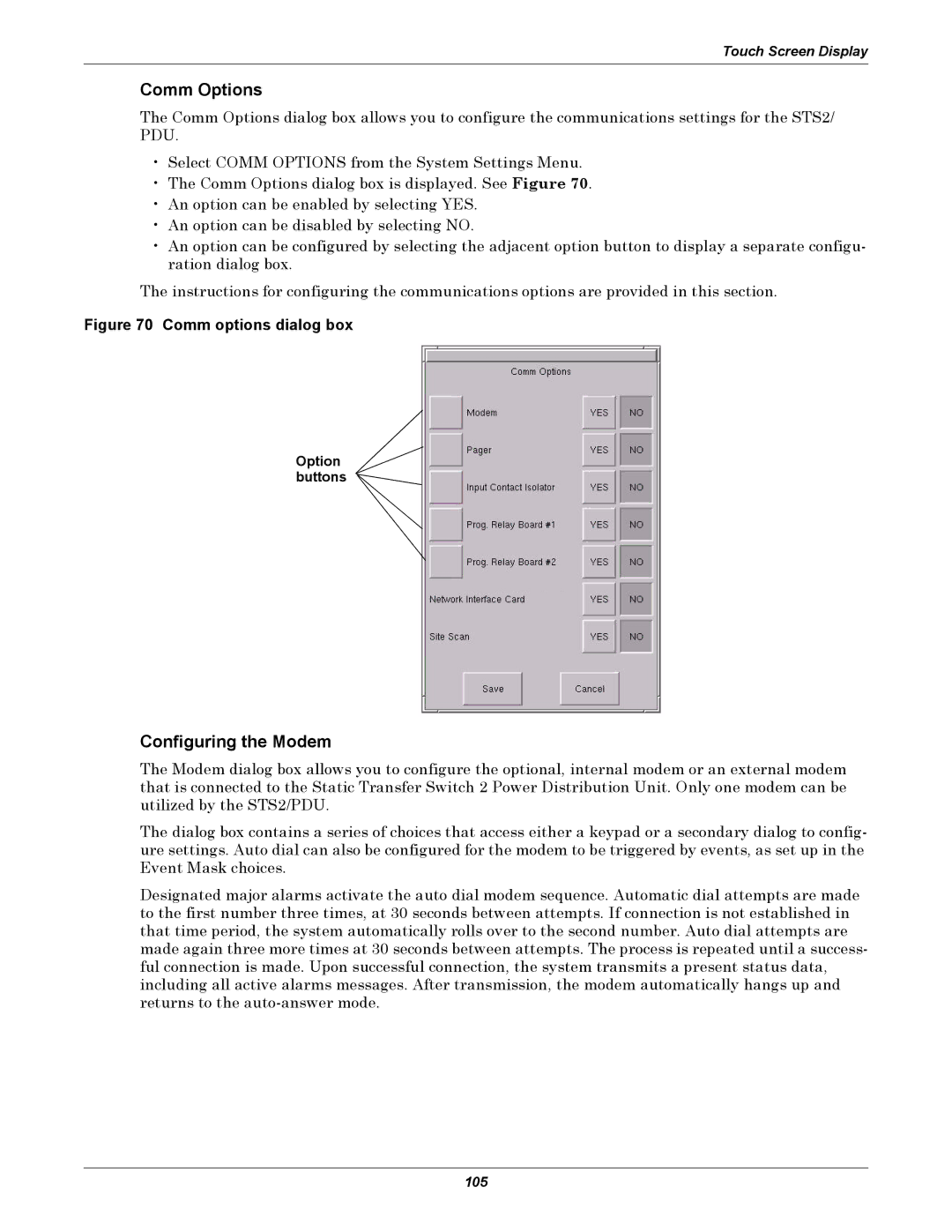 Liebert STS2, PDUTM manual Comm Options, Configuring the Modem, Option buttons 