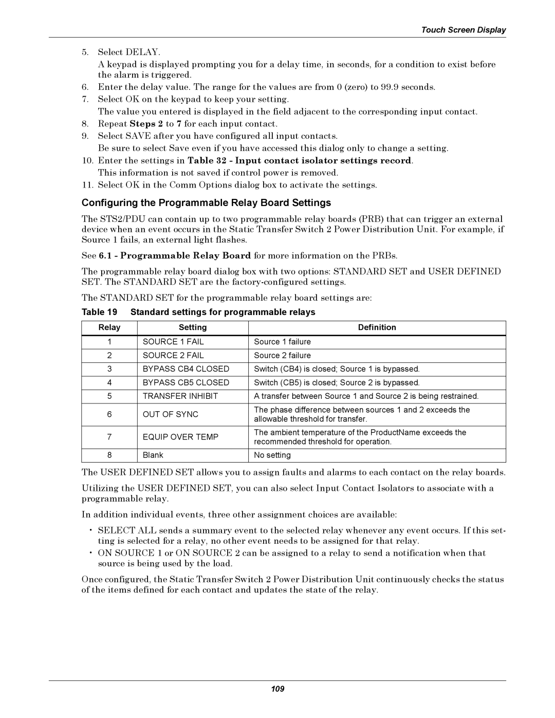 Liebert STS2, PDUTM manual Configuring the Programmable Relay Board Settings, Standard settings for programmable relays 