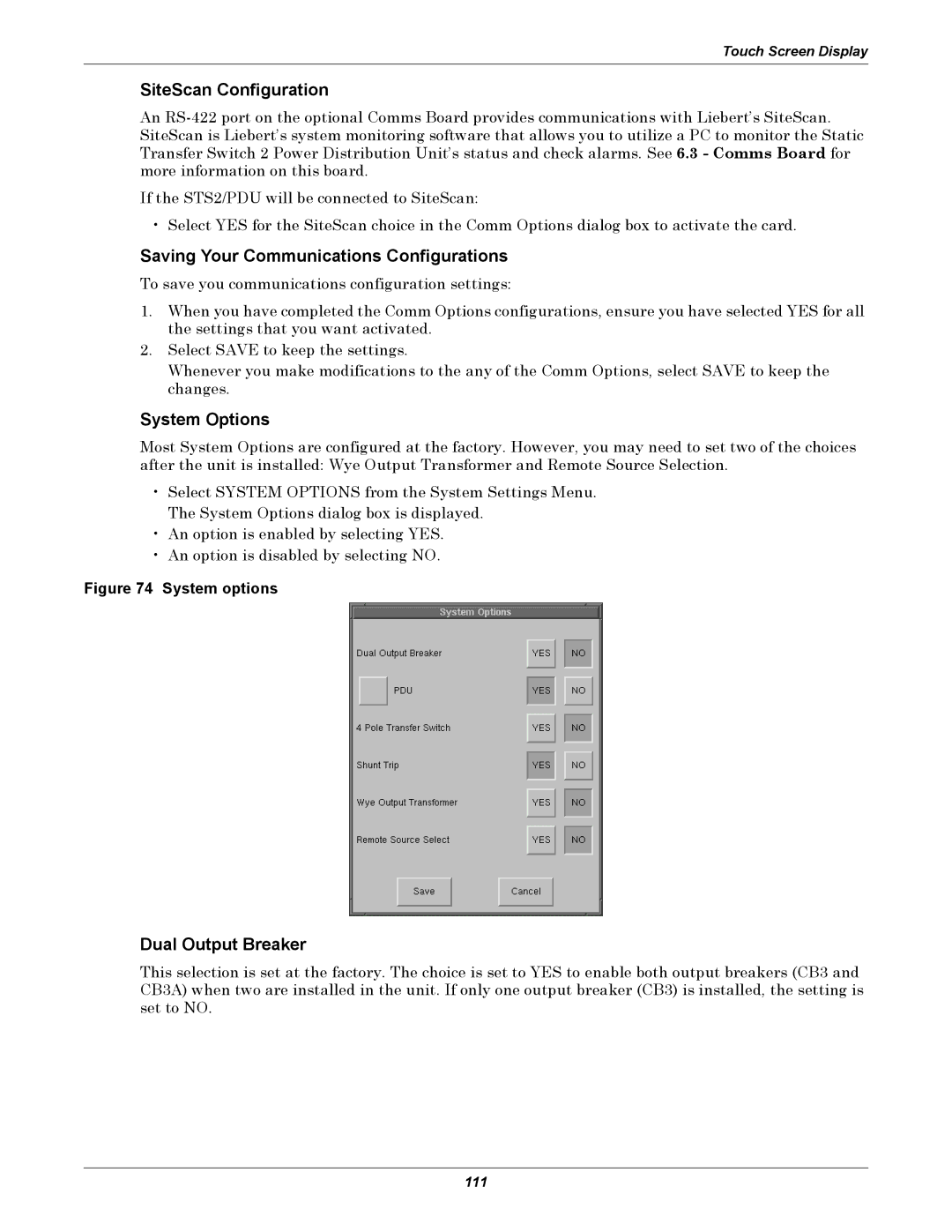 Liebert STS2, PDUTM SiteScan Configuration, Saving Your Communications Configurations, System Options, Dual Output Breaker 