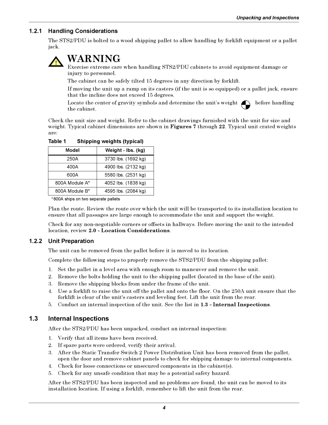 Liebert PDUTM, STS2 manual Internal Inspections, Handling Considerations, Unit Preparation, Shipping weights typical 