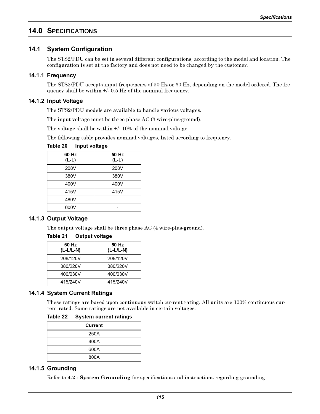 Liebert STS2, PDUTM manual System Configuration, Specifications 