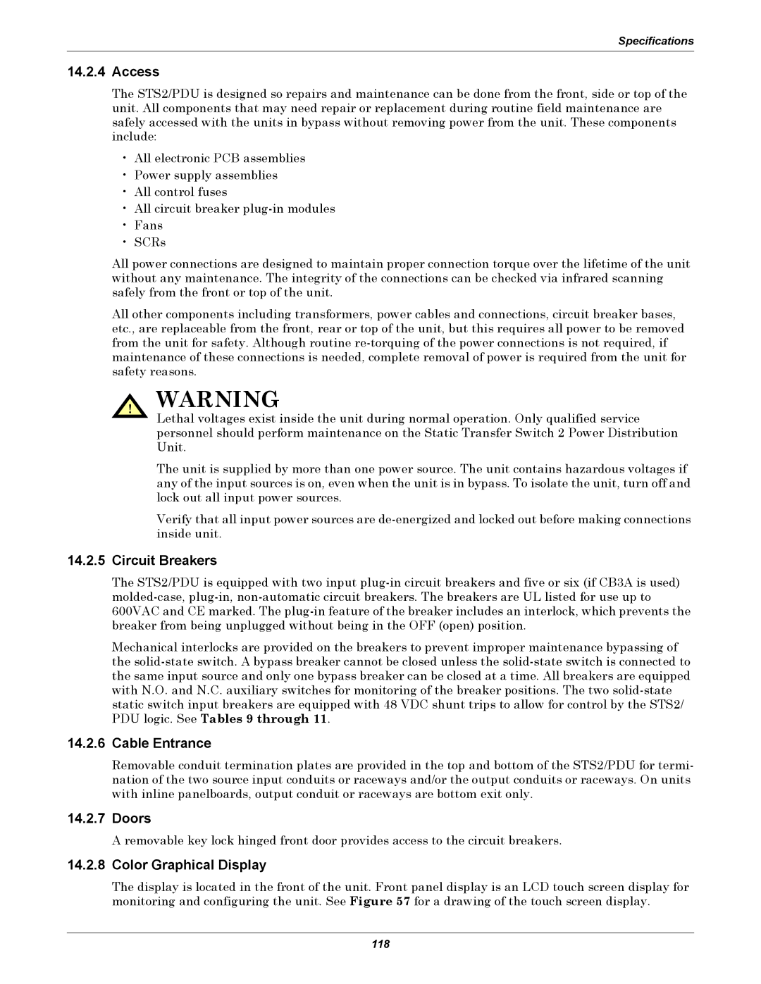 Liebert PDUTM, STS2 manual Access, Circuit Breakers, Cable Entrance, Doors, Color Graphical Display 