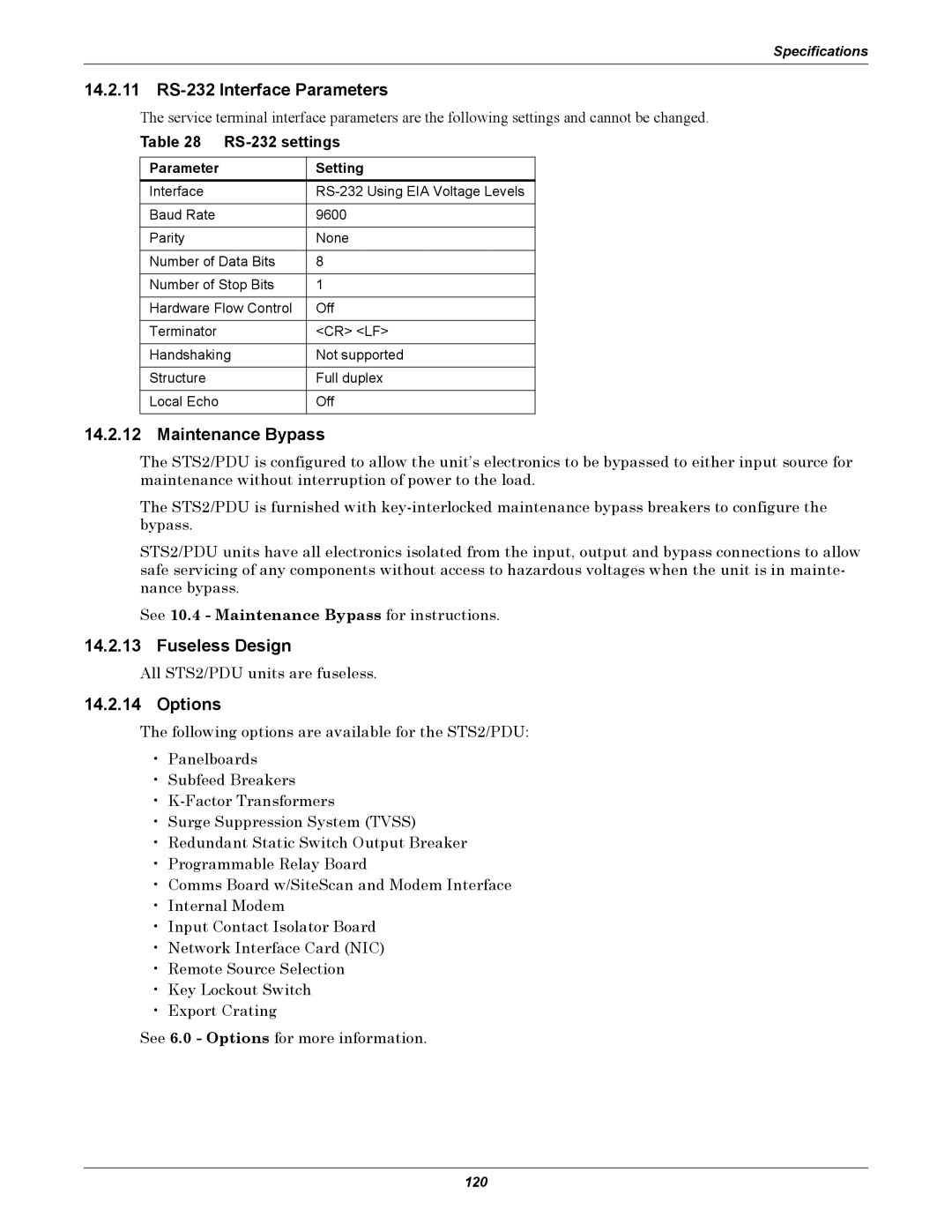 Liebert PDUTM, STS2 manual 14.2.11 RS-232 Interface Parameters, Maintenance Bypass, Fuseless Design, Options 