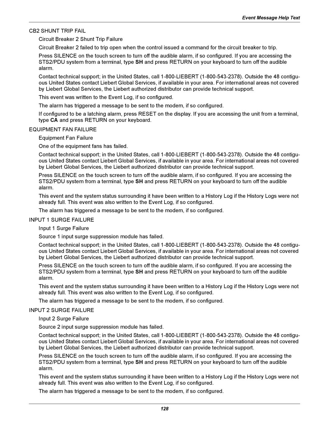 Liebert PDUTM, STS2 manual CB2 Shunt Trip Fail, Input 1 Surge Failure, Input 2 Surge Failure 